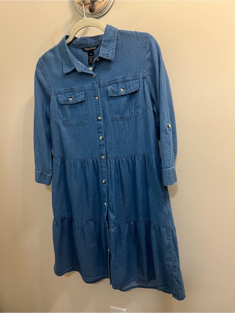 Millennium Denim Button-Front Shirt Dress in Medium Blue Size M with pockets
